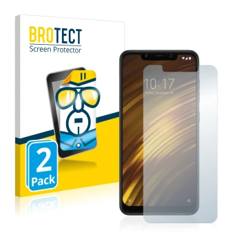 Front side of a product packaging with the brand logo BROTECT. Next to it is the device Xiaomi Pocophone F1 shown with the cor