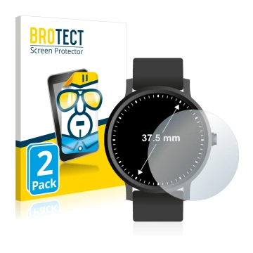 Front side of a product packaging with the brand logo BROTECT. Next to it is the device Watches (Circular, ø: 37.5 mm) shown w