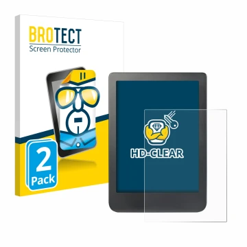 Front side of a product packaging with the brand logo BROTECT. Next to it is the device Kobo Clara HD (6