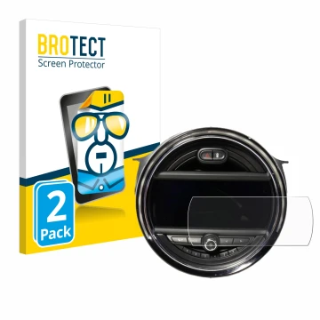 Front side of a product packaging with the brand logo BROTECT. Next to it is the device Mini Cooper F56 (8.8