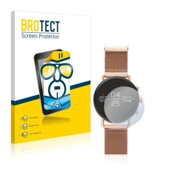Front side of a product packaging with the brand logo BROTECT. Next to it is the device Skagen Smartwatch Falster 40mm shown w