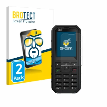Front side of a product packaging with the brand logo BROTECT. Next to it is the device Caterpillar Cat B35 shown with the cor