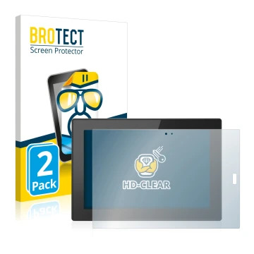 Front side of a product packaging with the brand logo BROTECT. Next to it is the device Lenovo Tablet 10 (3th Gen.) shown with