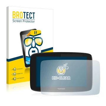 Front side of a product packaging with the brand logo BROTECT. Next to it is the device TomTom GO Essential 6
