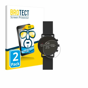 Front side of a product packaging with the brand logo BROTECT. Next to it is the device Skagen Smartwatch Falster 2 shown with