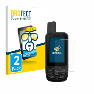 Front side of a product packaging with the brand logo BROTECT. Next to it is the device Garmin GPSMAP 66st shown with the corr