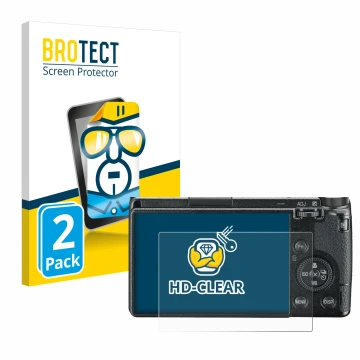 Front side of a product packaging with the brand logo BROTECT. Next to it is the device Ricoh GR III 2019 R02010 shown with th