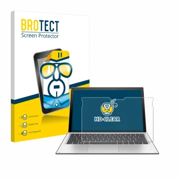 Front side of a product packaging with the brand logo BROTECT. Next to it is the device HP Elite x2 1013 G3 shown with the cor