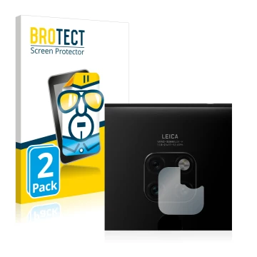 Front side of a product packaging with the brand logo BROTECT. Next to it is the device Huawei Mate 20 (ONLY Camera Lens) show