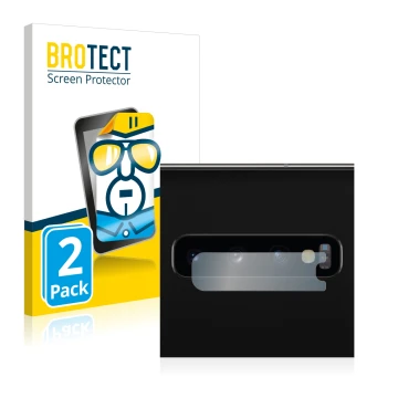 Front side of a product packaging with the brand logo BROTECT. Next to it is the device Samsung Galaxy S10 (ONLY Camera Lens) 