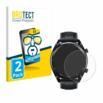 Front side of a product packaging with the brand logo BROTECT. Next to it is the device Huawei Watch GT (46 mm) 2018 shown wit