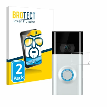 Front side of a product packaging with the brand logo BROTECT. Next to it is the device Ring Doorbell 2 (Lens) shown with the 