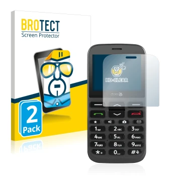 Front side of a product packaging with the brand logo BROTECT. Next to it is the device Doro 1370 shown with the corresponding