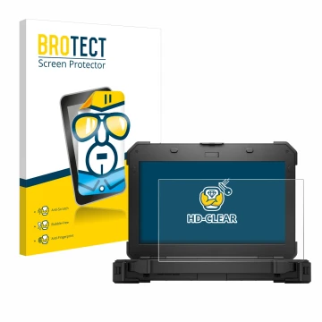 Front side of a product packaging with the brand logo BROTECT. Next to it is the device Dell Latitude 5420 Rugged shown with t