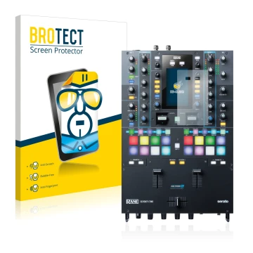 Front side of a product packaging with the brand logo BROTECT. Next to it is the device Rane Seventy-Two shown with the corres