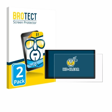 Front side of a product packaging with the brand logo BROTECT. Next to it is the device Garmin DriveTrack 71 shown with the co