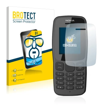 Front side of a product packaging with the brand logo BROTECT. Next to it is the device Nokia 106 2018 shown with the correspo