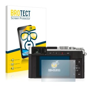 Front side of a product packaging with the brand logo BROTECT. Next to it is the device Leica D-Lux 7 shown with the correspon