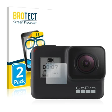 Front side of a product packaging with the brand logo BROTECT. Next to it is the device GoPro Hero 7 Black (Front display) sho