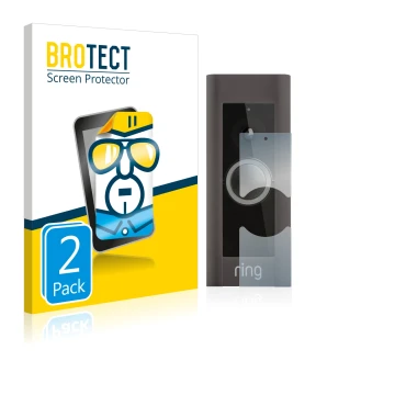 Front side of a product packaging with the brand logo BROTECT. Next to it is the device Ring Video Doorbell Pro shown with the