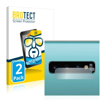 Front side of a product packaging with the brand logo BROTECT. Next to it is the device Samsung Galaxy S10 Plus (ONLY Camera L