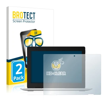 Front side of a product packaging with the brand logo BROTECT. Next to it is the device Lenovo IdeaPad D330 shown with the cor