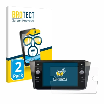 Front side of a product packaging with the brand logo BROTECT. Next to it is the device Volkswagen Tiguan Discover Media 8