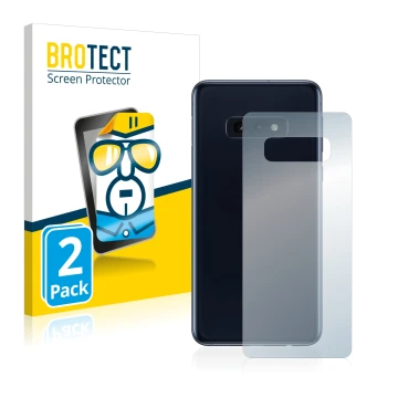 Front side of a product packaging with the brand logo BROTECT. Next to it is the device Samsung Galaxy S10e (Back) shown with 