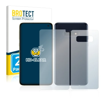 Front side of a product packaging with the brand logo BROTECT. Next to it is the device Samsung Galaxy S10e (Front+Back) shown
