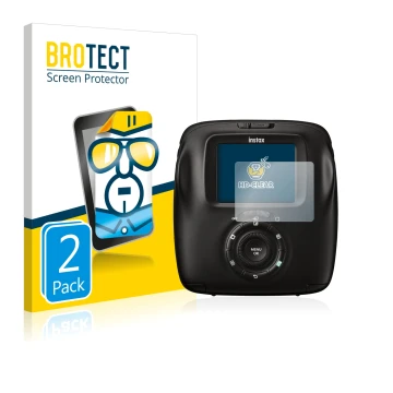 Front side of a product packaging with the brand logo BROTECT. Next to it is the device Fujifilm Instax Square SQ20 shown with