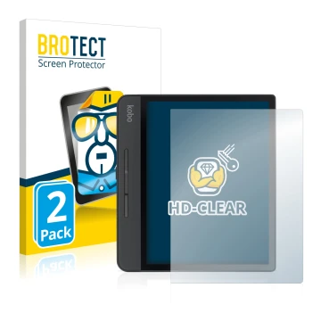 Front side of a product packaging with the brand logo BROTECT. Next to it is the device Kobo Forma shown with the correspondin