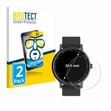 Front side of a product packaging with the brand logo BROTECT. Next to it is the device Circular Displays (ø: 20 mm) shown wit