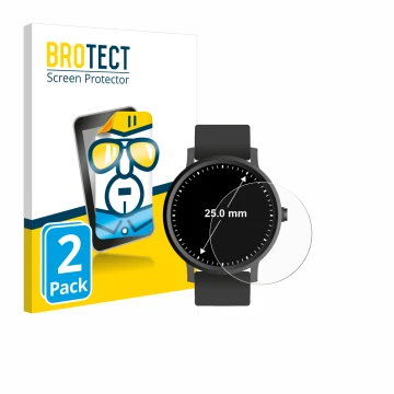 Front side of a product packaging with the brand logo BROTECT. Next to it is the device Circular Displays (ø: 25 mm) shown wit