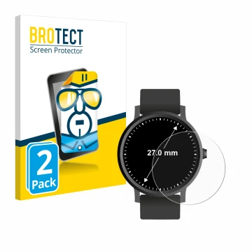 Front side of a product packaging with the brand logo BROTECT. Next to it is the device Circular Displays (ø: 27 mm) shown wit