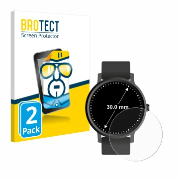 Front side of a product packaging with the brand logo BROTECT. Next to it is the device Circular Displays (ø: 30 mm) shown wit