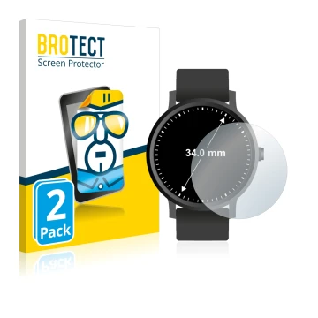 Front side of a product packaging with the brand logo BROTECT. Next to it is the device Circular Displays (ø: 34 mm) shown wit