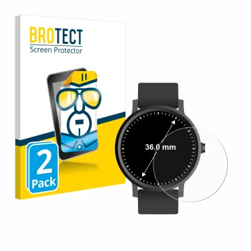 Front side of a product packaging with the brand logo BROTECT. Next to it is the device Circular Displays (ø: 36 mm) shown wit