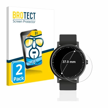 Front side of a product packaging with the brand logo BROTECT. Next to it is the device Circular Displays (ø: 37 mm) shown wit