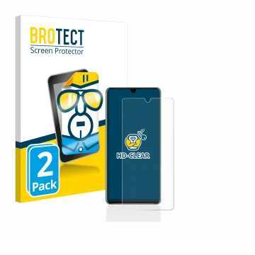 Front side of a product packaging with the brand logo BROTECT. Next to it is the device Huawei P30 shown with the correspondin