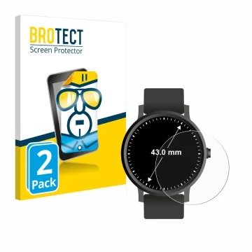 Front side of a product packaging with the brand logo BROTECT. Next to it is the device Circular Displays (ø: 43 mm) shown wit