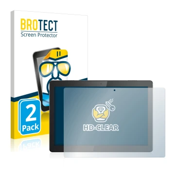 Front side of a product packaging with the brand logo BROTECT. Next to it is the device Lenovo Tab M10 TB-X605F shown with the