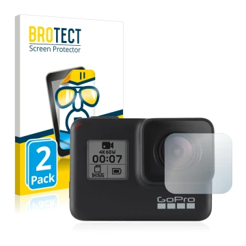 Front side of a product packaging with the brand logo BROTECT. Next to it is the device GoPro Hero 7 Black (Lens) shown with t