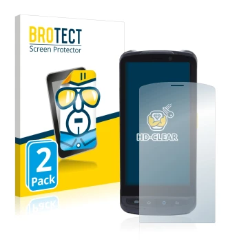 Front side of a product packaging with the brand logo BROTECT. Next to it is the device Newland MT90 Orca shown with the corre