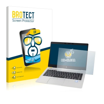 Front side of a product packaging with the brand logo BROTECT. Next to it is the device HP EliteBook 830 G5 Non-Touch shown wi