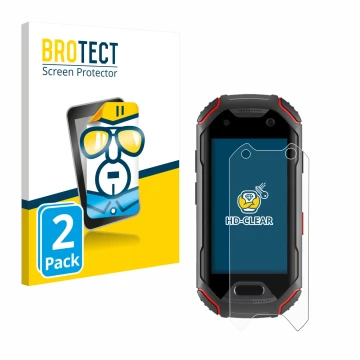 Front side of a product packaging with the brand logo BROTECT. Next to it is the device Unihertz Atom shown with the correspon