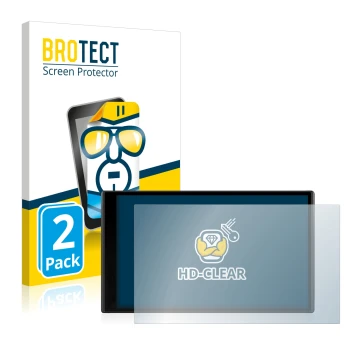 Front side of a product packaging with the brand logo BROTECT. Next to it is the device Garmin DriveSmart 65 shown with the co