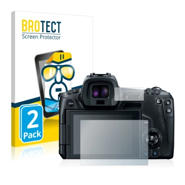 Front side of a product packaging with the brand logo BROTECT. Next to it is the device Canon EOS R shown with the correspondi