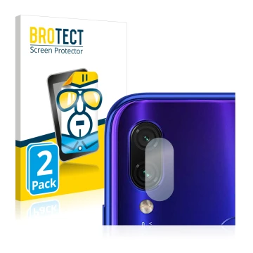 Front side of a product packaging with the brand logo BROTECT. Next to it is the device Xiaomi Redmi Note 7 (ONLY Camera Lens)