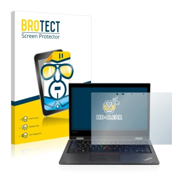Front side of a product packaging with the brand logo BROTECT. Next to it is the device Lenovo ThinkPad L390 Yoga shown with t