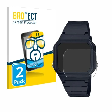 Front side of a product packaging with the brand logo BROTECT. Next to it is the device Casio Unisex F-91W shown with the corr